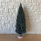 1:12 scale miniature tall evergreen tree with round wood base in green, shown against a stone wall beside a coin