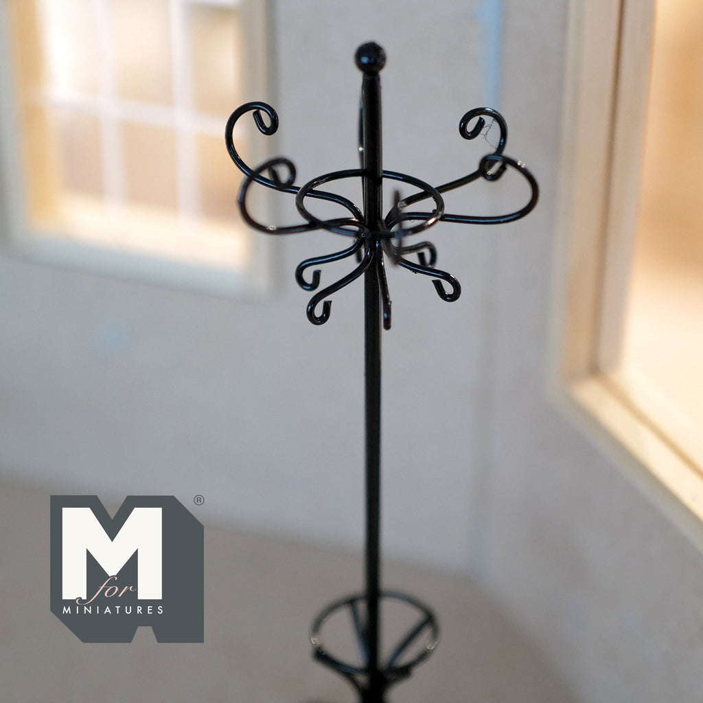 1:12 Scale Miniature Metal Coat Stand, Curly Hooks, Tripod Base, 6-1/8 inch tall, DIY Dollhouse Supply (black)