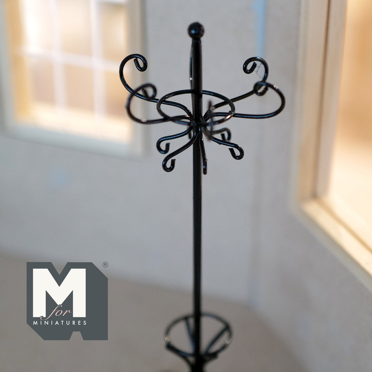 1:12 Scale Miniature Metal Coat Stand, Curly Hooks, Tripod Base, 6-1/8 inch tall, DIY Dollhouse Supply (black)