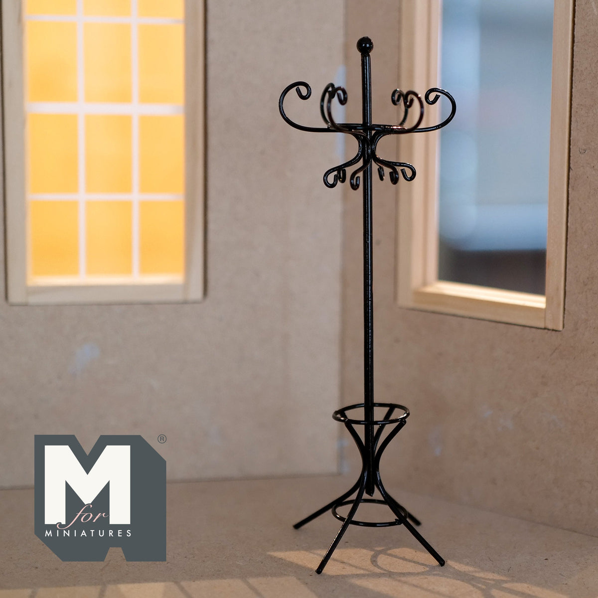1:12 Scale Miniature Metal Coat Stand, Curly Hooks, Tripod Base, 6-1/8 inch tall, DIY Dollhouse Supply (black)