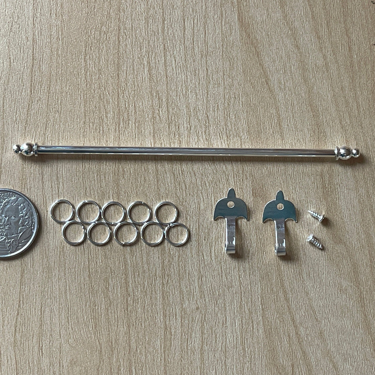 1:12 Scale Miniature Expanding Curtain Rod with Rings, Metal Curtain Pole, Requires Mounting, 8-1/4 inch long (silver)