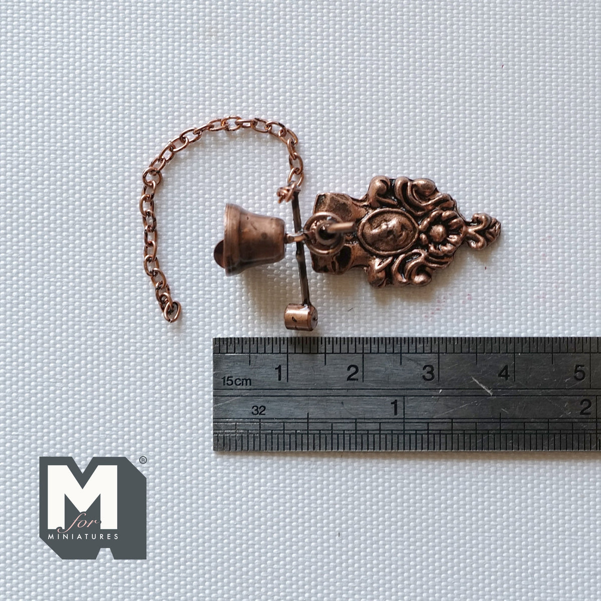 1:12 Scale Miniature Metal House Bell with Scroll Bracket and Chain, 1-5/16 inch tall, DIY Dollhouse Supply (bronze)