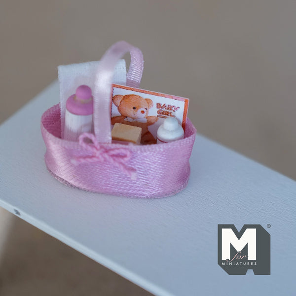 Dollhouse Miniature Baby's Accessories in Basket , 1:12 Scale Baby Milk Bottle Miniature Book and Toy in Basket - G053