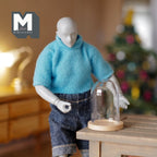1:12 scale miniature glass dome with round wood base, medium size, clear bell jar on a wood table shown with a poseable figure
