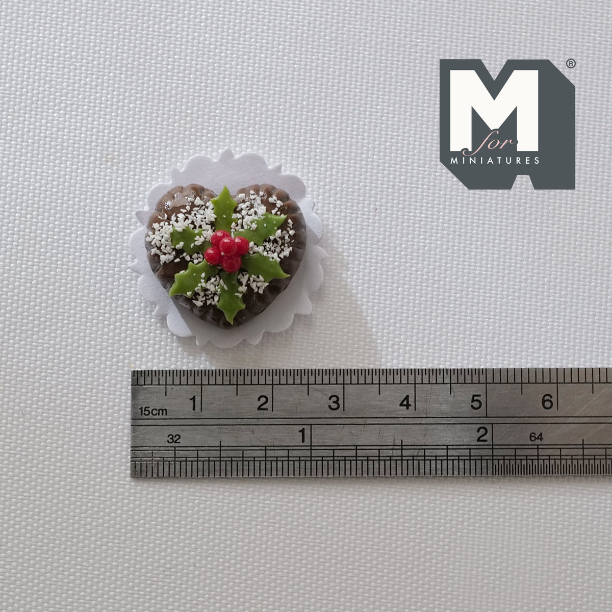 1:12 Scale Miniature Heart Shaped Chocolate Christmas Cake on Doily, 13/16 inch long, DIY Dollhouse Supply (clay)