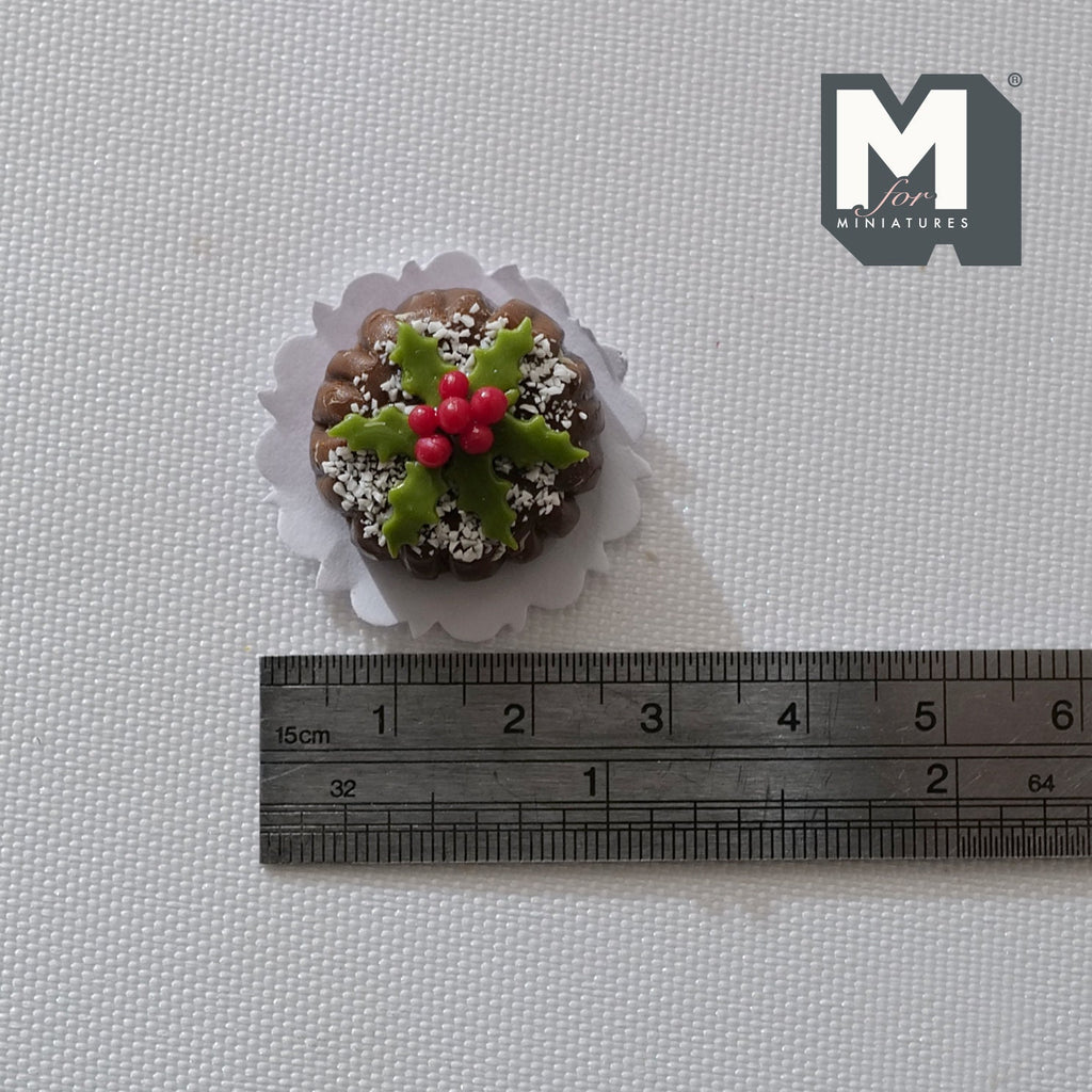 1:12 Scale Miniature Round Chocolate Christmas Cake on Doily, 13/16 inch dia., DIY Dollhouse Supply (clay)