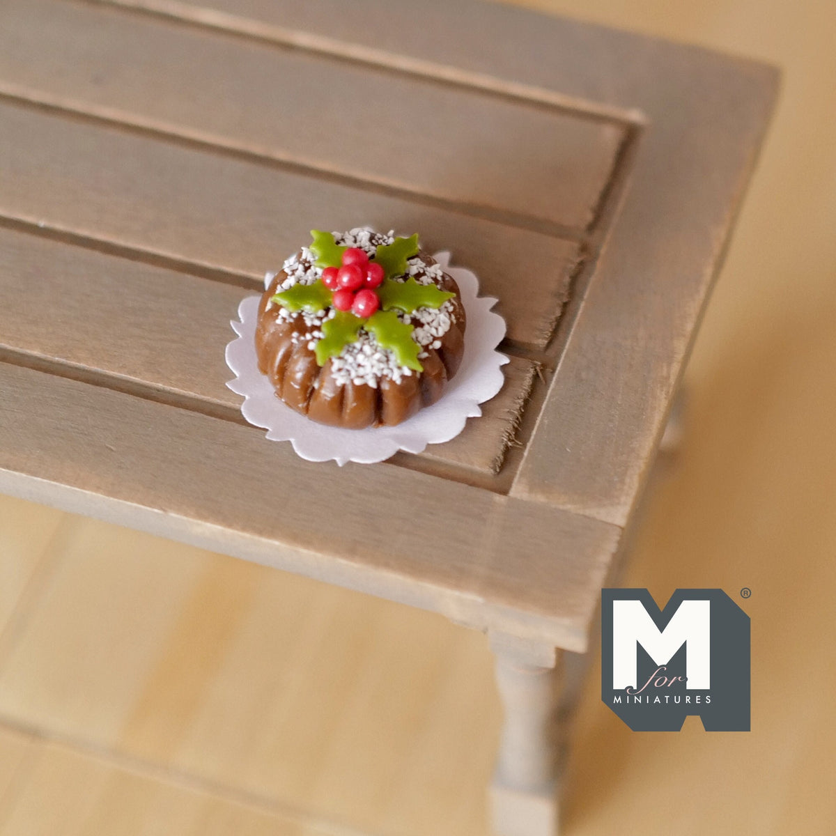 1:12 Scale Miniature Round Chocolate Christmas Cake on Doily, 13/16 inch dia., DIY Dollhouse Supply (clay)