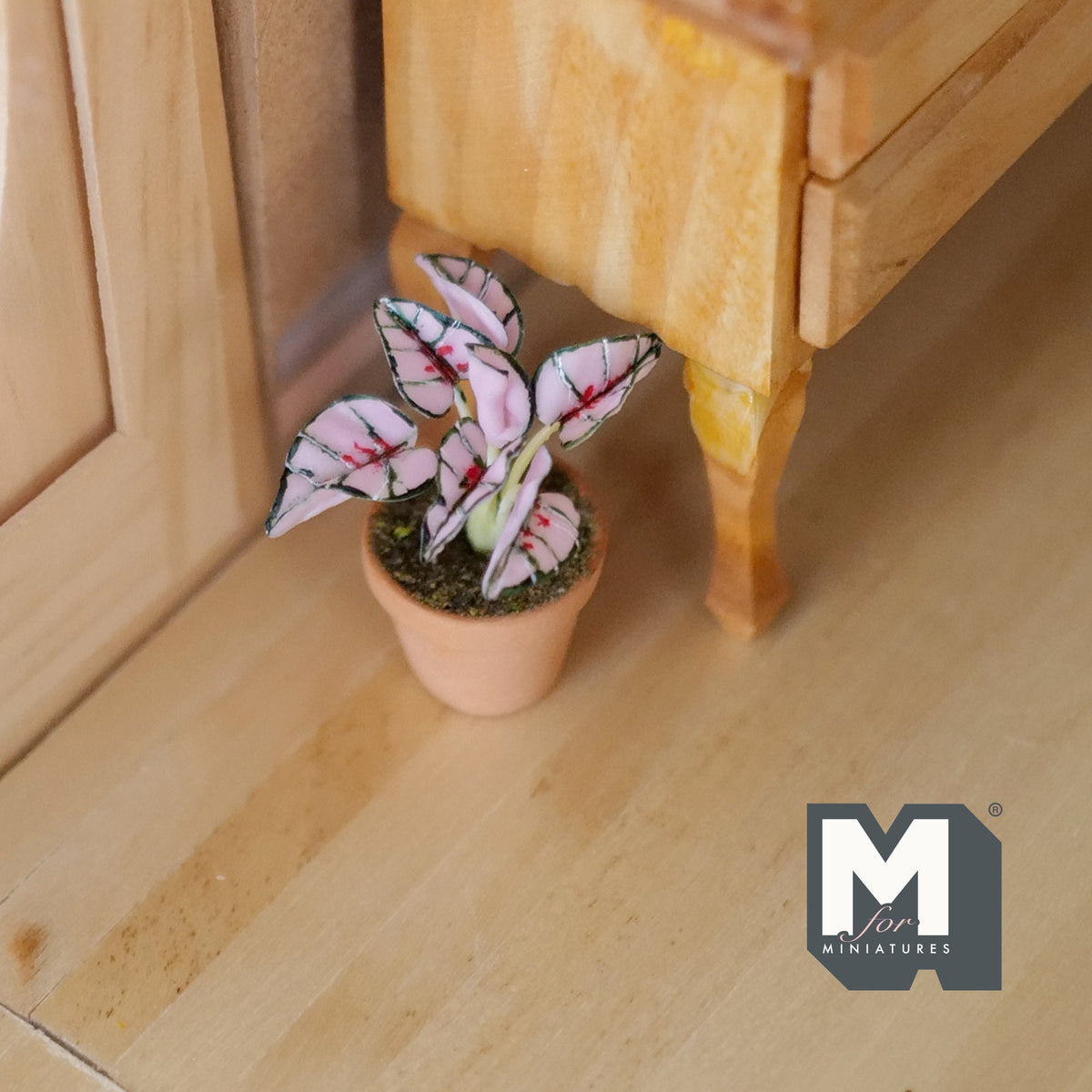 1:12 Scale Miniature Potted Pink and Green Variegated Leaf Plant in Clay Pot, 1-9/16 inch tall, DIY Dollhouse Supply