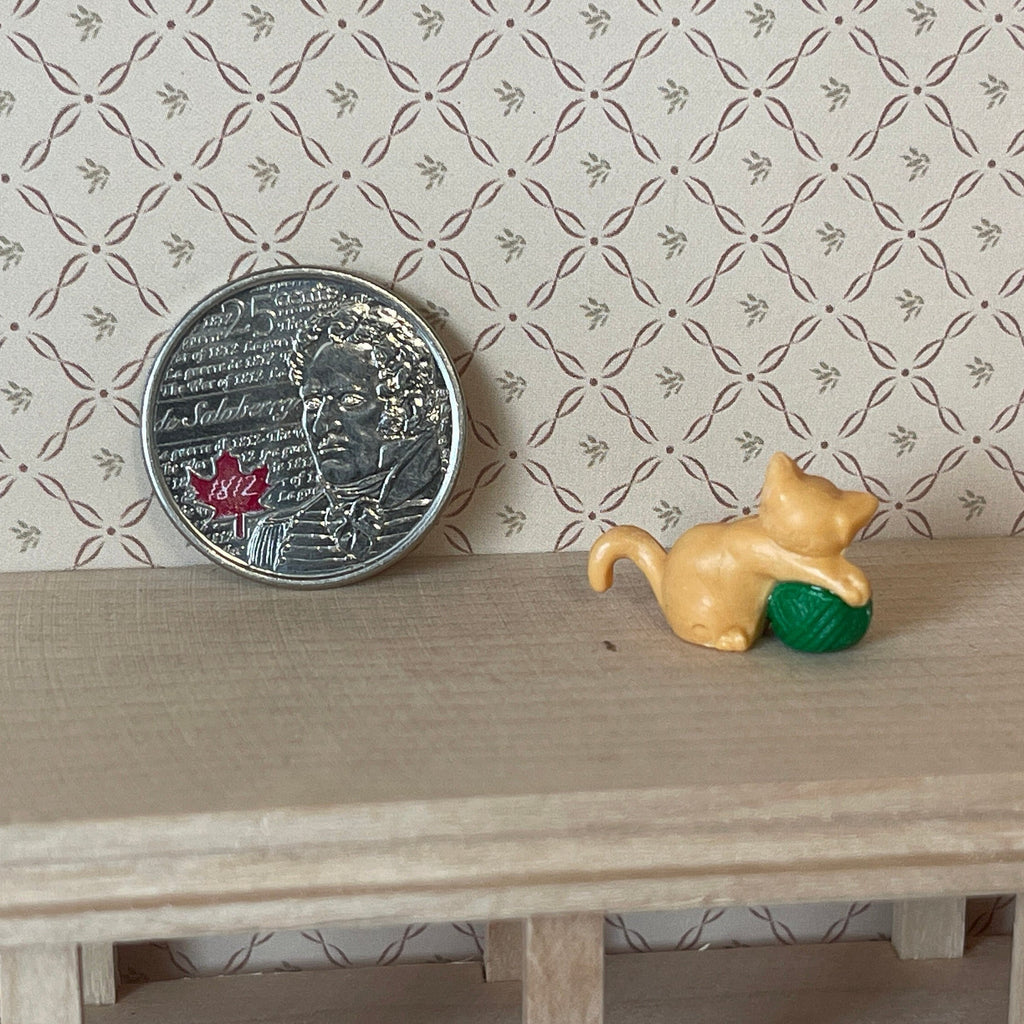 1:12 Scale Miniature Kitten Playing with Yarn Ball, 7/8 inch long, DIY Dollhouse Supply (orange)