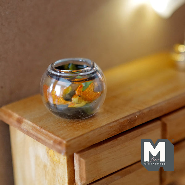 1:12 scale Miniature Dollhouse Supplies Round Fish Bowl with 2 Gold Fish, Black Sand - D078