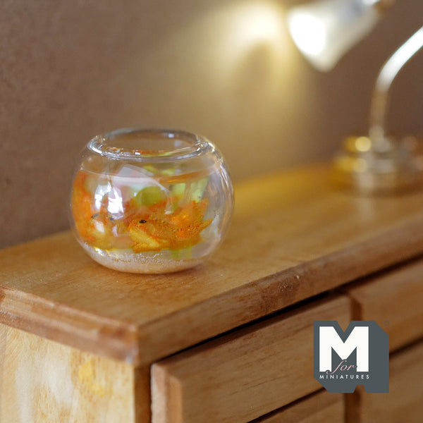 1:12 scale Miniature Dollhouse Supplies Round Fish Bowl with 2 Gold Fish, Beige Sand - D078