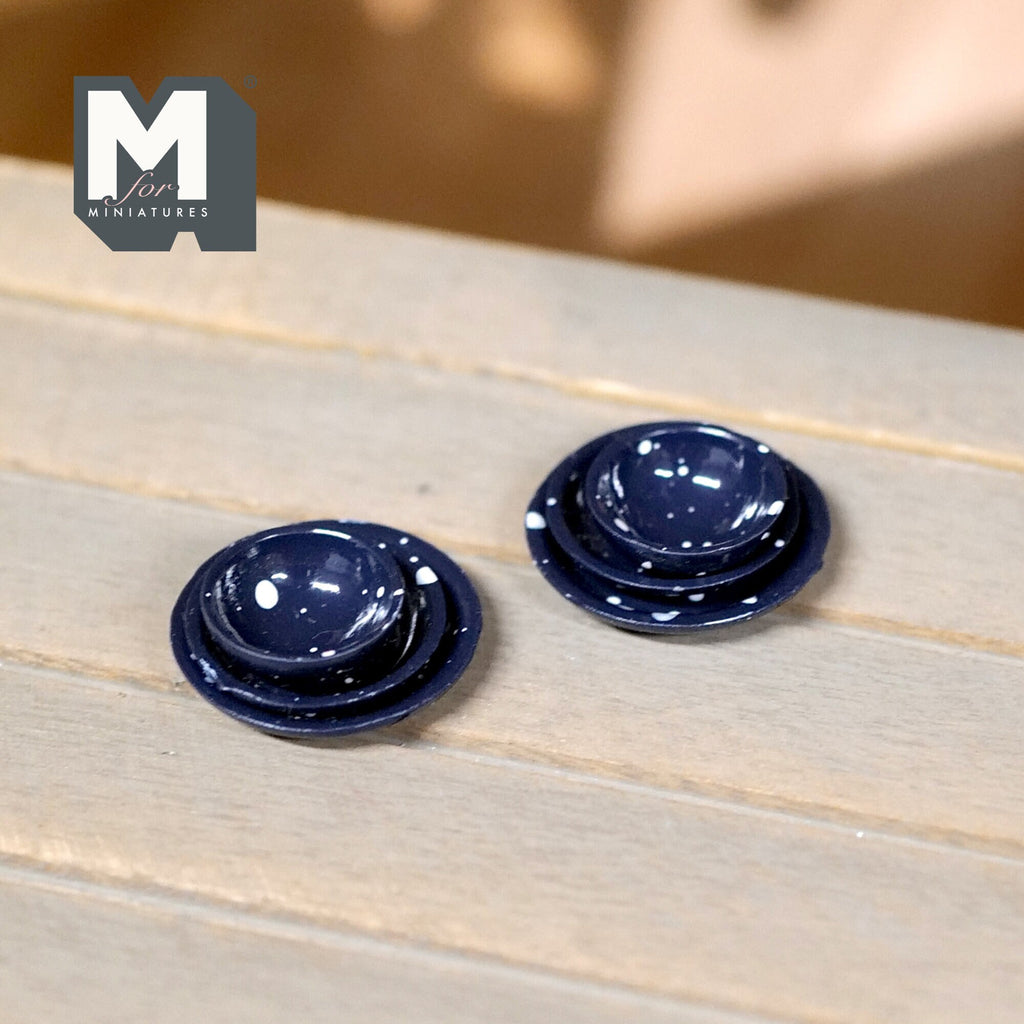 1:12 Scale Miniature Speckled Enamelware Bowls and Plates, Set of 6, 11/16 inch dia., DIY Dollhouse Supply (navy blue)