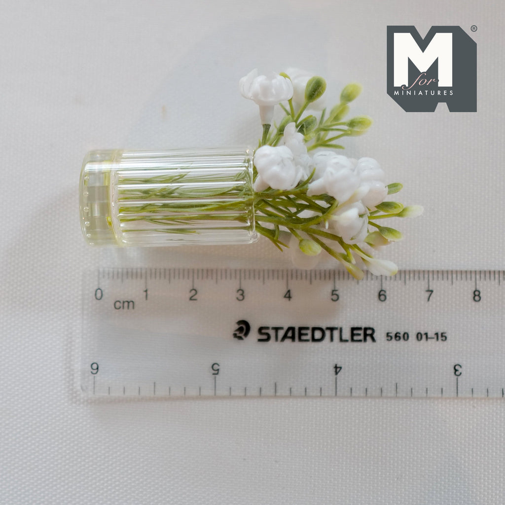 1:12 Scale Miniature White Flower Bouquet in Round Glass Vase, 2-3/4 inch tall, DIY Dollhouse Supply