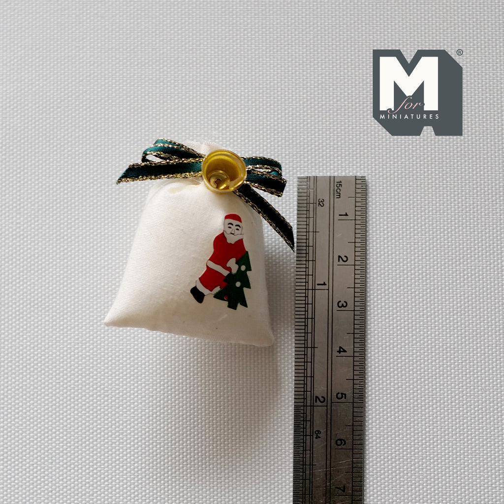 1:12 Scale Miniature Cloth Santa Sack with Bell, Green and Gold Bow, 1-3/4 inch tall, DIY Dollhouse Supply