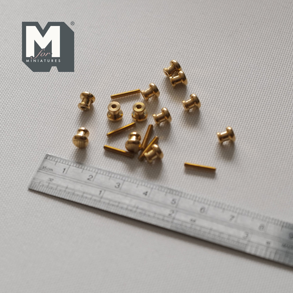 1:12 Scale Miniature Brass Barrel Cabinet Knobs with Screws, Set of 12, 1/4 inch dia., DIY Dollhouse Supply
