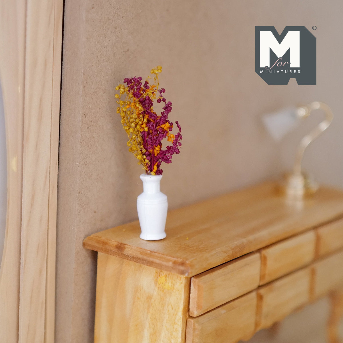 1:12 Scale Miniature Dried Flowers in Round Vase, 2-3/16 inch tall, DIY Dollhouse Supply (red and yellow)