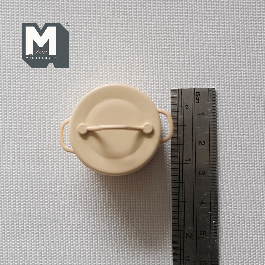 1:12 Scale Miniature Metal Cooking Pot with Lid, Side Handles, 1-1/16 inch dia., DIY Dollhouse Supply (cream)