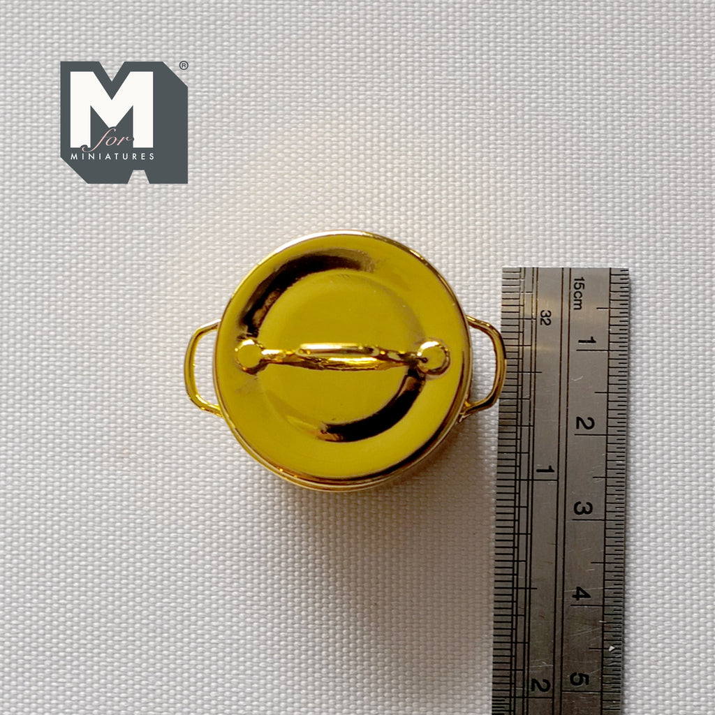 1:12 Scale Miniature Metal Cooking Pot with Lid, Side Handles, 1-1/16 inch dia., DIY Dollhouse Supply (gold)