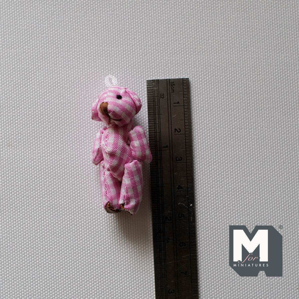 1:12 Scale Miniature Plaid Plush Bear with Black Nose, 2-3/8 inch tall, DIY Dollhouse Supply (pink and white)