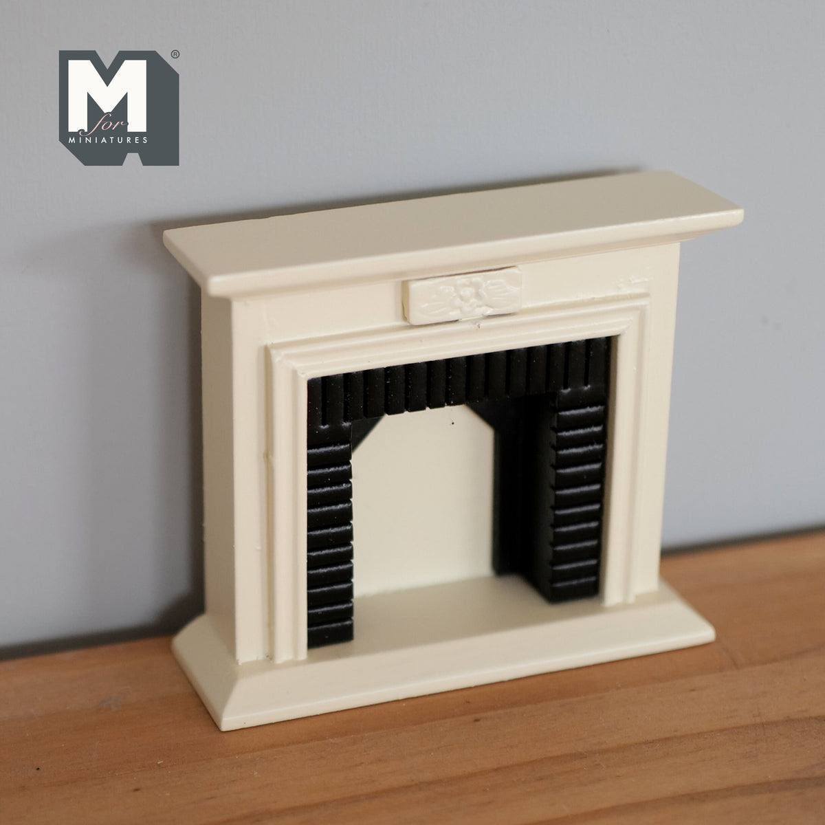 1:12 Scale Miniature Wood Fireplace with Brick Pattern Firebox, 3-3/8 inch tall, DIY Dollhouse Supply (cream)