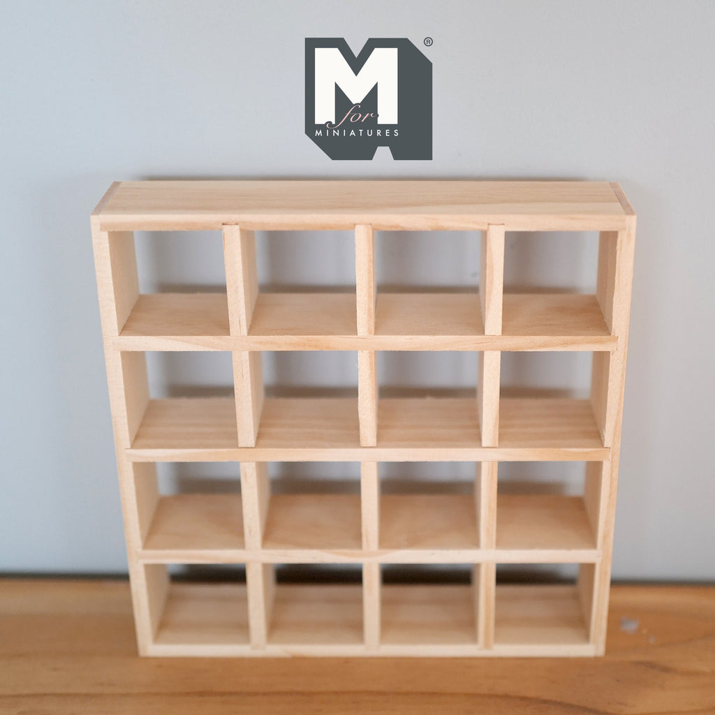 1:12 Scale Miniature Unpainted Wood Cube Shelf Unit, 16 Cubes, 6-1/2 inch tall, DIY Dollhouse Supply