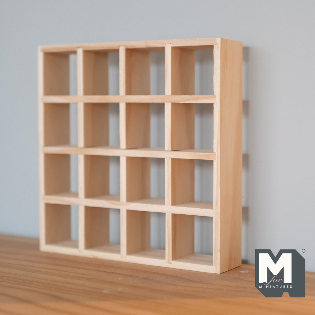 1:12 Scale Miniature Unpainted Wood Cube Shelf Unit, 16 Cubes, 6-1/2 inch tall, DIY Dollhouse Supply