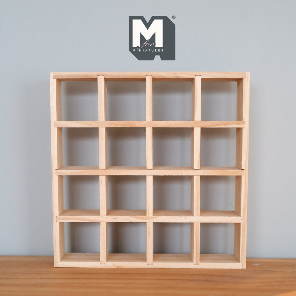 1:12 Scale Miniature Unpainted Wood Cube Shelf Unit, 16 Cubes, 6-1/2 inch tall, DIY Dollhouse Supply