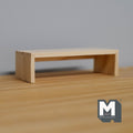 1:12 scale miniature unpainted wood low table with slab ends, simple bench shape, shown on a wood surface
