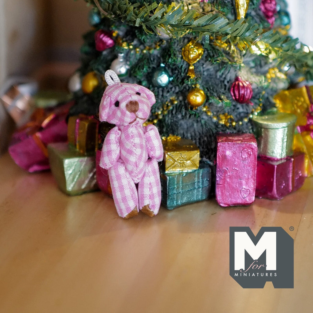 1:12 Scale Miniature Plaid Plush Bear with Black Nose, 2-3/8 inch tall, DIY Dollhouse Supply (pink and white)