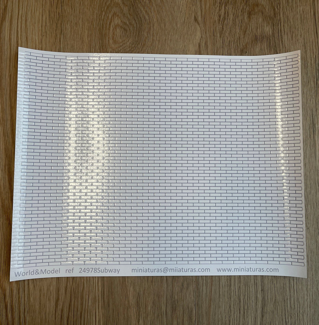 1:12 Scale Miniature White Subway Tile Embossed Wallpaper with Gray Grout, 16-5/16 x 12-1/2 inch, DIY Dollhouse Supply