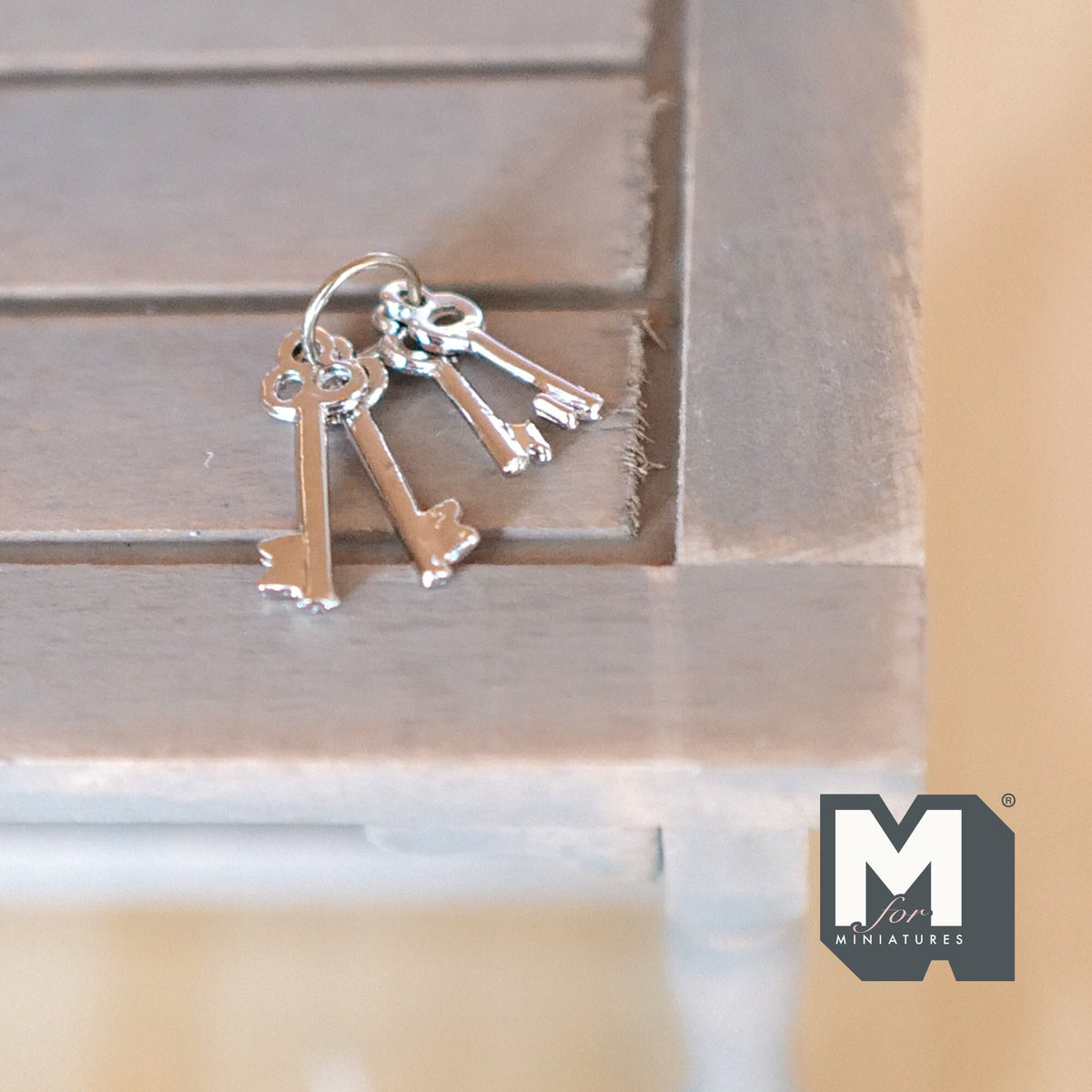 1:12 Scale Miniature Key Ring and 3 Keys, 4 Pieces, 5/8 inch long, DIY Dollhouse Supply (silver)