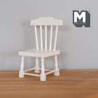 1:12 scale miniature wood slat back dining chair in white with turned legs, shown on a wood floor