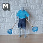1:12 scale miniature fishing nets with wood handles and blue mesh, set of 2, held by an artist figure