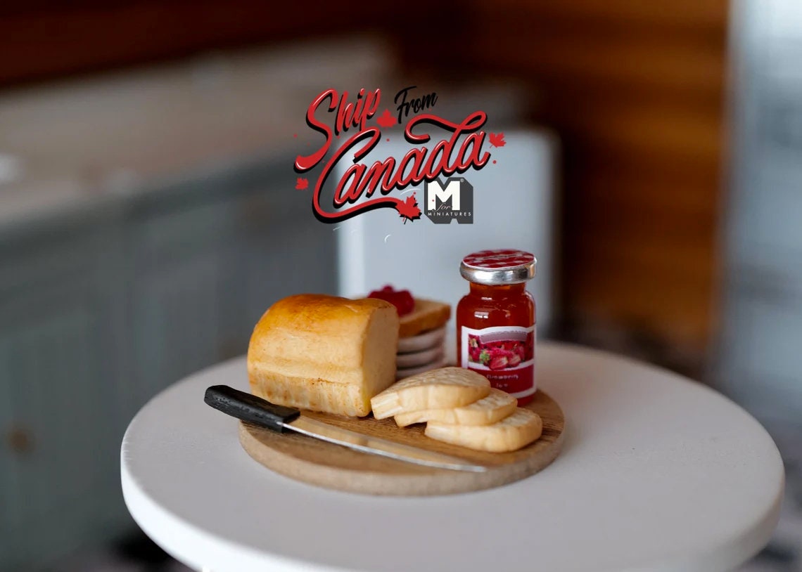 1:12 Scale Miniature Breakfast Board with Bread and Jam Jar, 1-9/16 inch long, DIY Dollhouse Supply