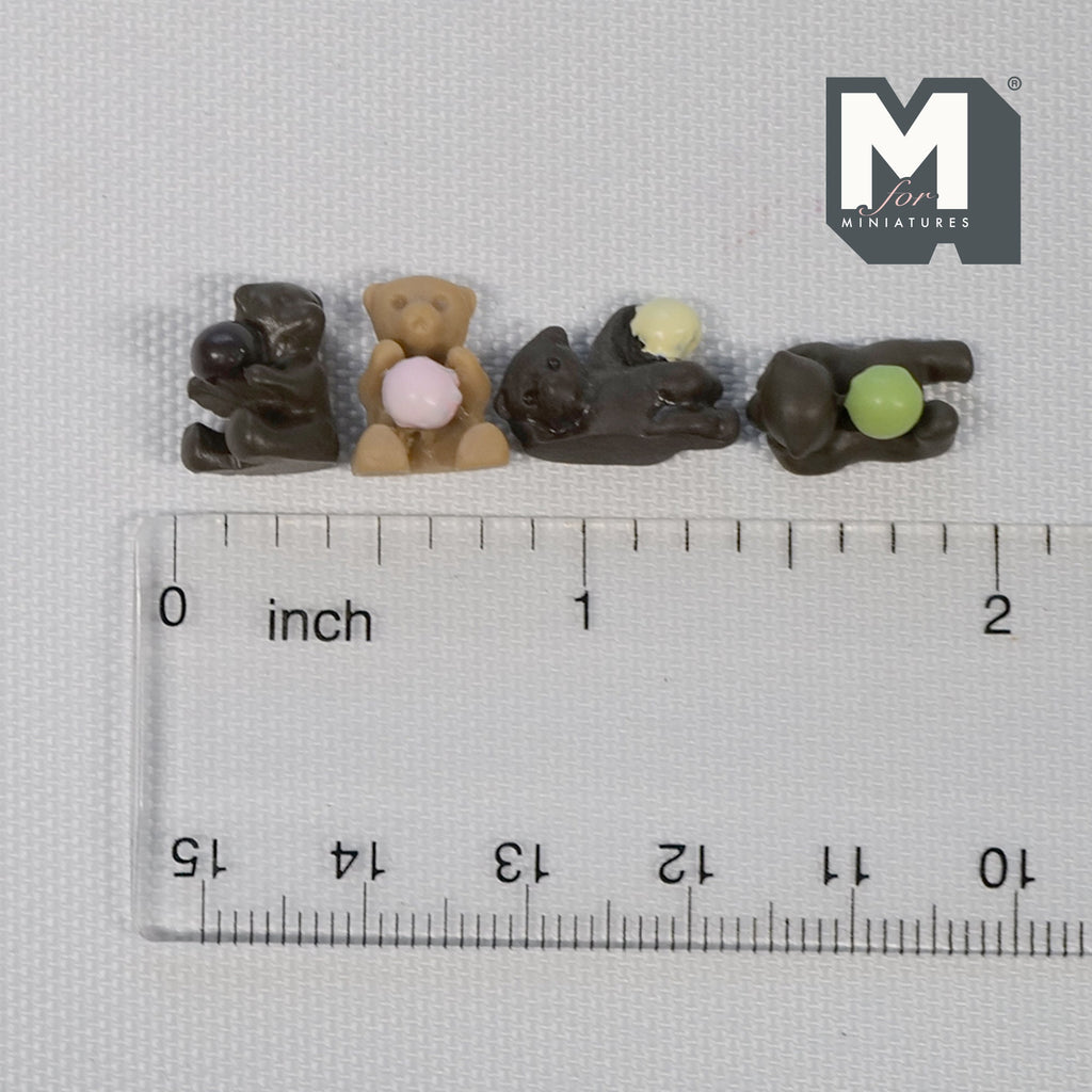 1:12 Scale Miniature Chocolate Bear Cubs with Balls, Set of 4, 9/16 inch long, DIY Dollhouse Supply
