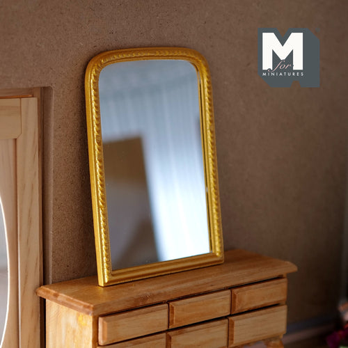 1:12 Scale Miniature Arched Top Mantel Mirror, Rectangular Frame, 4-3/4 inch tall, DIY Dollhouse Supply (gold)