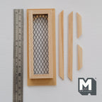 1:12 scale miniature narrow diamond lattice window in bare wood with back trim pieces, shown beside a ruler