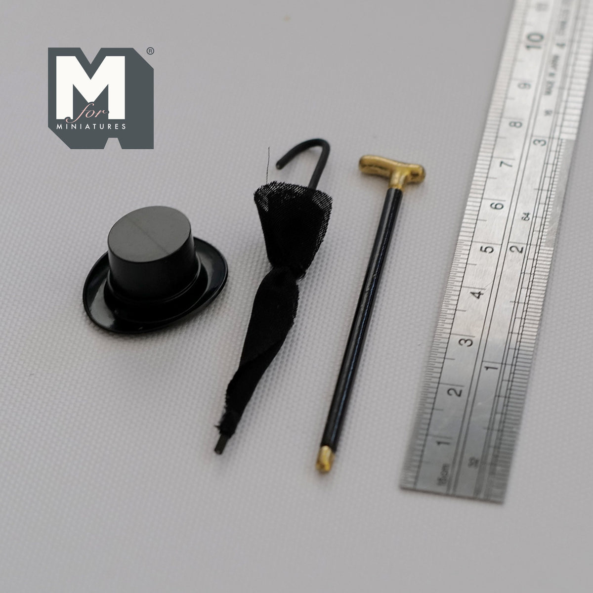 1:12 Scale Miniature Gentleman's Top Hat, Umbrella and Walking Cane, Set of 3, 2-7/8 inch tall, DIY Dollhouse Supply (black)