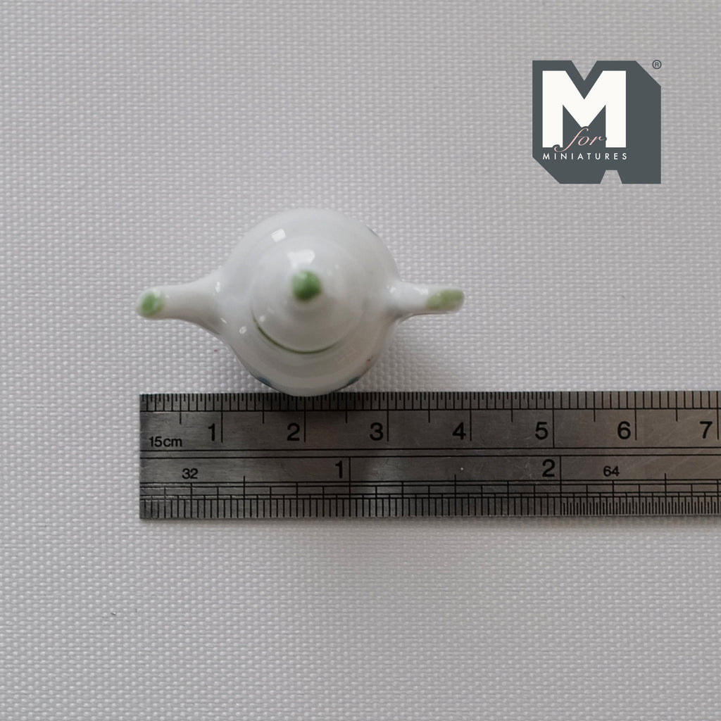 1:10 Scale Miniature Ceramic Teapot with Lid, Blue Floral Print, 1-1/16 inch tall, DIY Dollhouse Supply