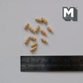 1:12 scale miniature unpainted wood ribbed drawer knobs, set of 12, light natural wood shown scattered on gray fabric
