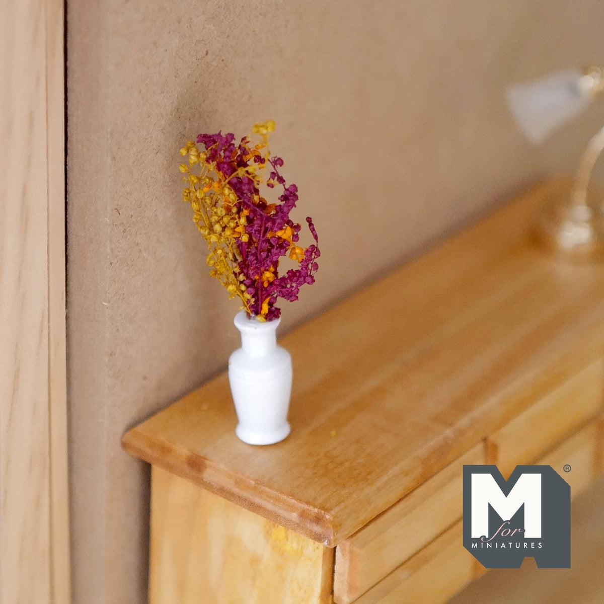 1:12 Scale Miniature Dried Flowers in Round Vase, 2-3/16 inch tall, DIY Dollhouse Supply (red and yellow)