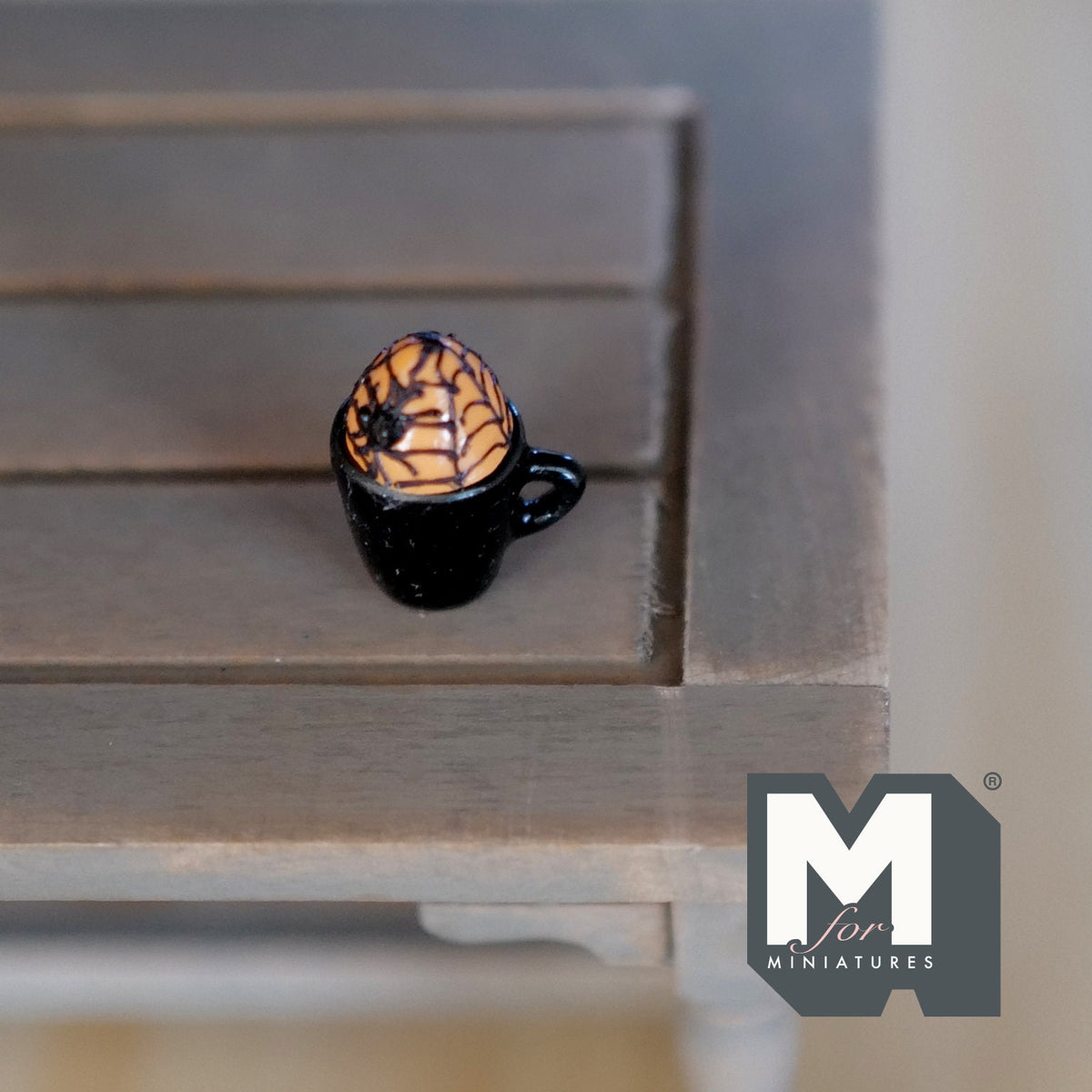 1:12 Scale Miniature Halloween Cappuccino Mug with Spider, 11/16 inch tall, DIY Dollhouse Supply (black)