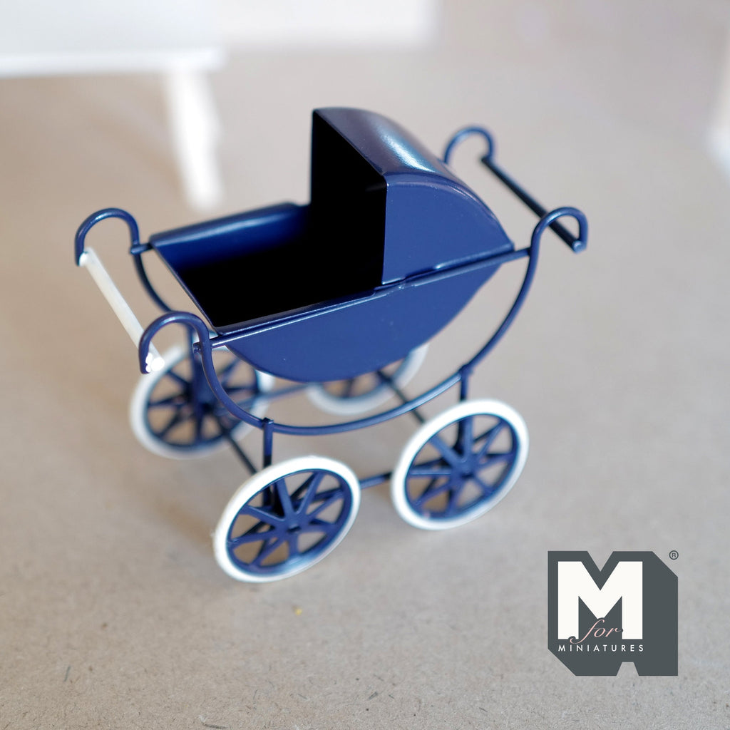 1:12 Scale Miniature Metal Baby Pram with Folding Hood, 3-9/16 inch tall, DIY Dollhouse Supply (navy blue)