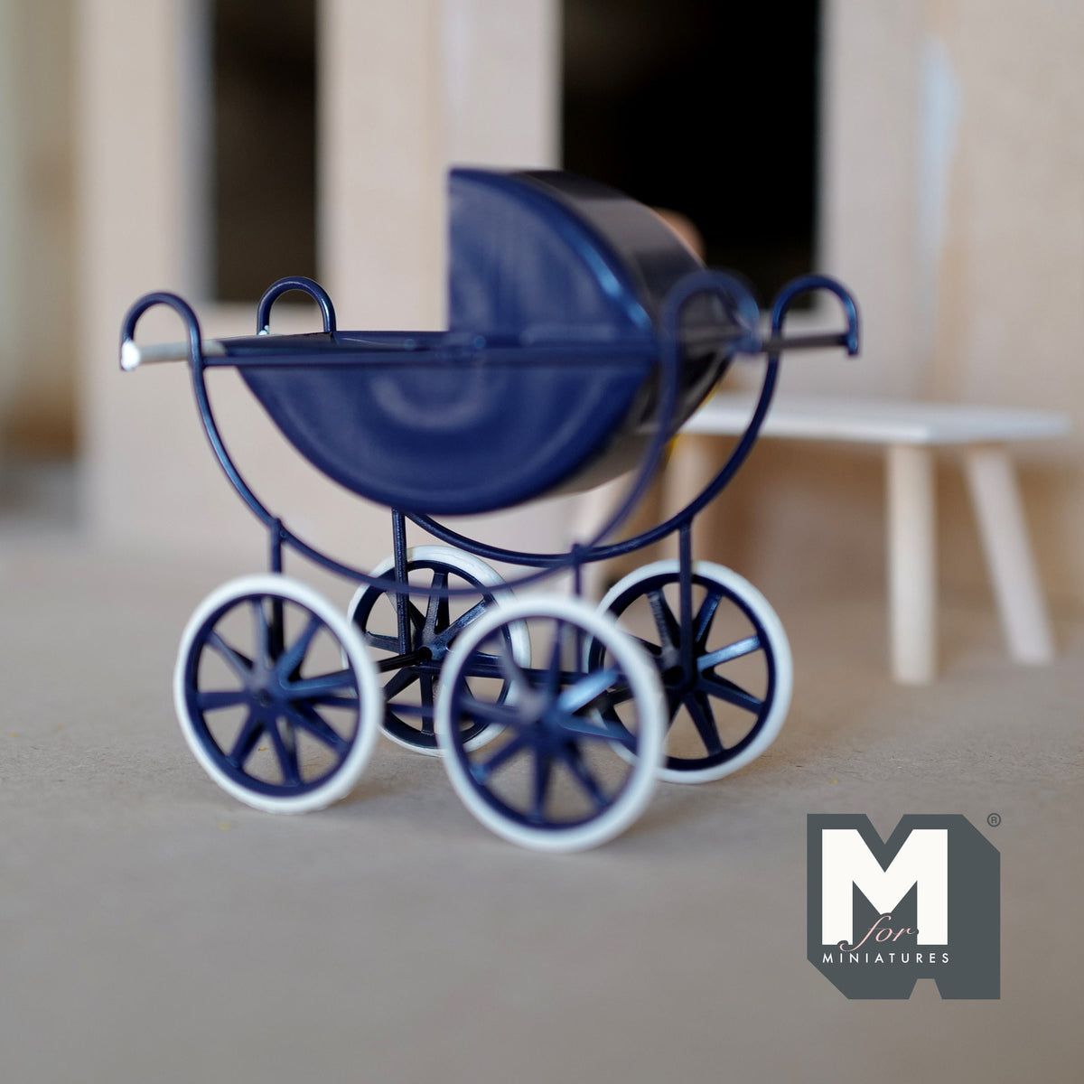 1:12 Scale Miniature Metal Baby Pram with Folding Hood, 3-9/16 inch tall, DIY Dollhouse Supply (navy blue)