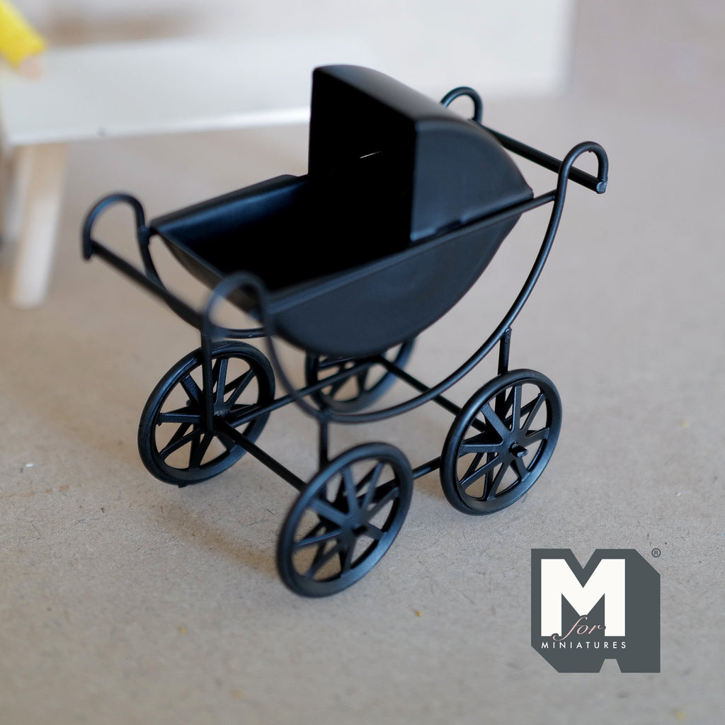 1:12 Scale Miniature Metal Baby Pram, 3-9/16 inch tall, DIY Dollhouse Supply (black)