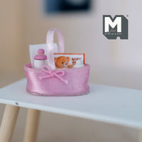 Dollhouse Miniature Baby's Accessories in Basket , 1:12 Scale Baby Milk Bottle Miniature Book and Toy in Basket - G053