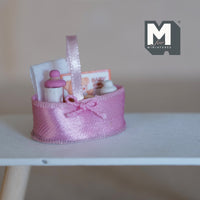 Dollhouse Miniature Baby's Accessories in Basket , 1:12 Scale Baby Milk Bottle Miniature Book and Toy in Basket - G053