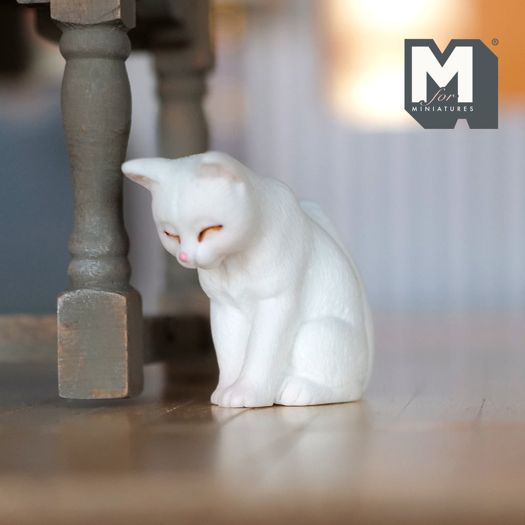 1:12 Scale Miniature Drowsy Sitting Kitten, 1-1/8 inch tall, DIY Dollhouse Supply (white)