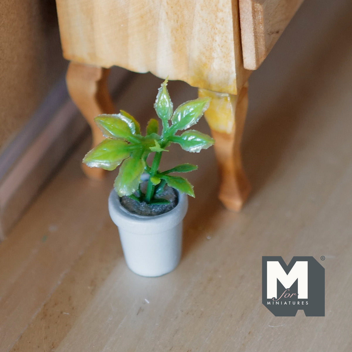 1:12 Scale Miniature Potted Plant with Green Leaves, White Round Pot, 1-5/8 inch tall, DIY Dollhouse Supply (cast resin)