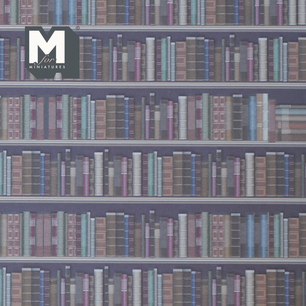 1:12 scale miniature library bookshelf wallpaper, rows of books in muted blue, pink and brown on gray shelves